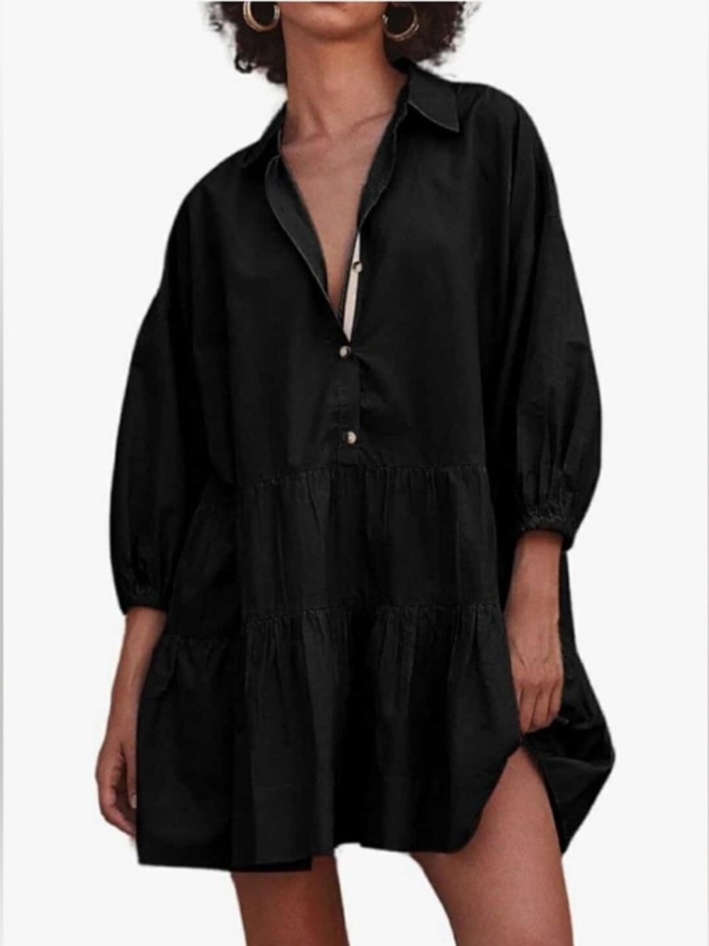 chouyatou Women's Puff Sleeve Tiered Tunic Babydoll Mini Button Down Shirt/Dress